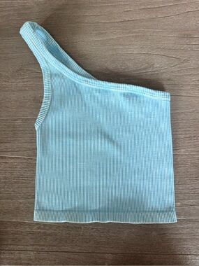 Nikibiki Ribbed One-Shoulder Cropped Top in White Washed Aqua Blue